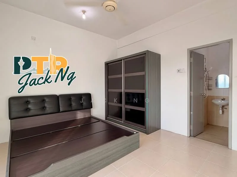 Bedroom features: queen-size bed with upholstered headboard, built-in wardrobe with sliding doors, cream painted walls, tile flooring, ceiling fan, window with natural light, wall-mounted mirror, light switch, door to bathroom; style: modern.