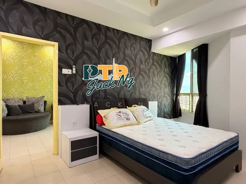 Bedroom features: queen-size bed with white mattress, decorative pillows, black patterned accent wall, light green wallpaper on adjacent wall, floor-to-ceiling windows, curtains, white tiled flooring, nightstand with drawer, circular lounge chair, ceiling fan; style: modern.