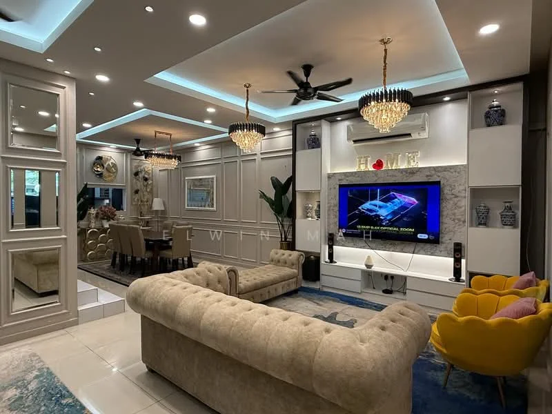 Living features: cream upholstered sectional sofa, yellow accent chairs, coffee table, wall-mounted TV, decorative wall paneling, chandelier lighting, recessed LED downlights, ceiling fan, area rug with geometric pattern, potted plants, mirrored wall, decorative vases, dining area visible in background; style: modern.
