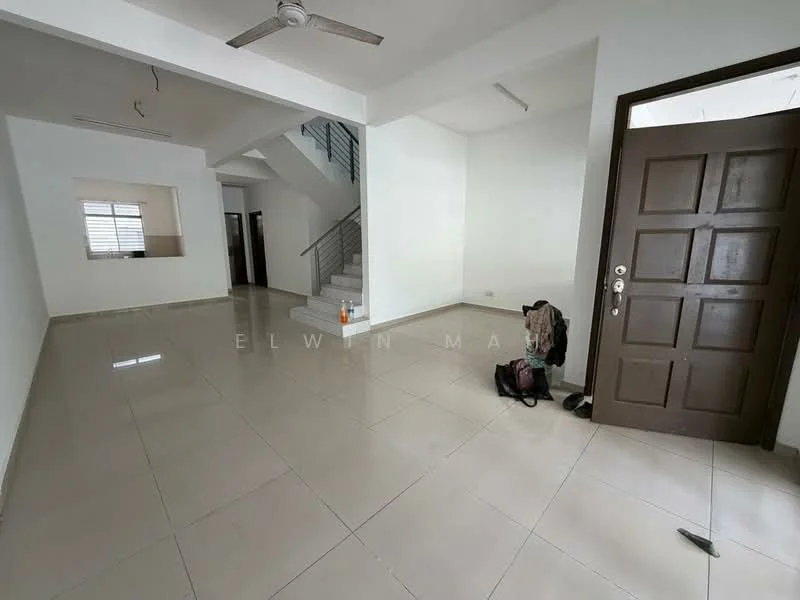 Living features: white painted walls, glossy ceramic tile flooring, ceiling fan, staircase in background, large window with blinds, main entrance door with multiple locks, open layout, neutral color scheme; style: modern.