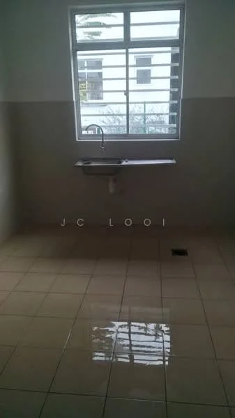 Laundry features: single-bowl stainless-steel sink, wall-mounted faucet, white tiled walls, cream tiled flooring, window with horizontal slats, drainage outlet on floor, natural light from window.