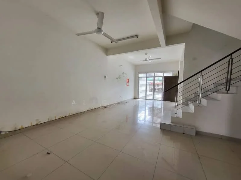 Living features: white painted walls, glossy ceramic tile flooring, 2 ceiling fans, large windows with sliding doors, staircase with metal railing, neutral color scheme, natural light from windows, unfinished wall areas.