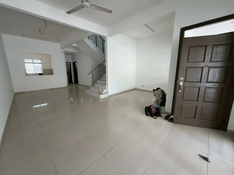 Room features: white painted walls, glossy ceramic tile flooring, ceiling fan, staircase in background, large window with blinds, door with multiple panels, empty space, no visible furniture; style: modern.