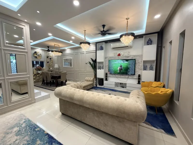 Living features: cream upholstered sectional sofa, yellow accent chair, white feature wall with built-in shelves, large wall-mounted TV, chandelier lighting, recessed LED downlights, ceiling fan, marble tile flooring, blue area rug, decorative vases on shelves, mirrored wall panels, dining area visible in background; style: modern.