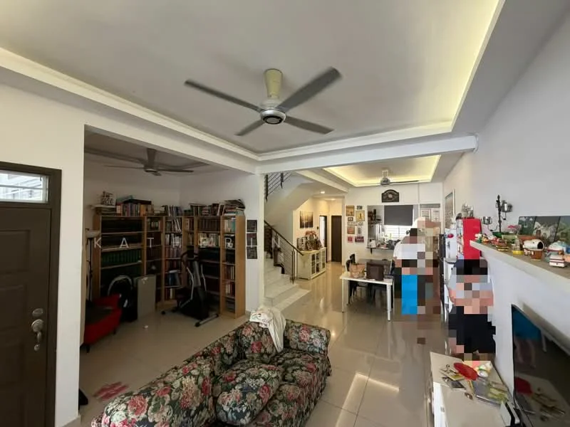Living features: floral-patterned fabric sofa, 5-blade ceiling fan, white painted walls, tile flooring, recessed lighting, built-in bookshelves, decorative wall art, open layout to dining area; style: modern. Room features: staircase leading to upper floor, dining table with chairs, kitchen area visible in background.