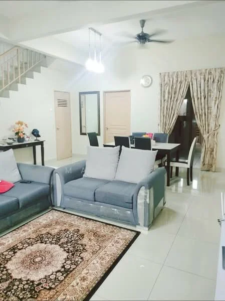 Living features: 2-seater fabric sofa in grey, area rug with intricate pattern, ceiling fan, recessed downlights, wall-mounted clock, curtains with floral pattern, dining table for 6, 4 dining chairs, light-colored walls, tiled flooring; style: modern.
