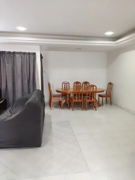 Dining features: dining table with six chairs, grey curtains, white painted walls, marble tile flooring, recessed ceiling lights, sofa in black fabric, open layout, natural light from windows; style: modern.