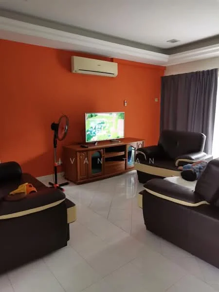 Living features: orange accent wall, white painted walls, glossy white tile flooring, 2-seater leather sofa in dark brown, 3-seater leather sofa in dark brown, wooden TV console, wall-mounted TV, ceiling-mounted air conditioning unit, floor fan, curtains in grey, decorative ceiling with crown moulding; style: modern.