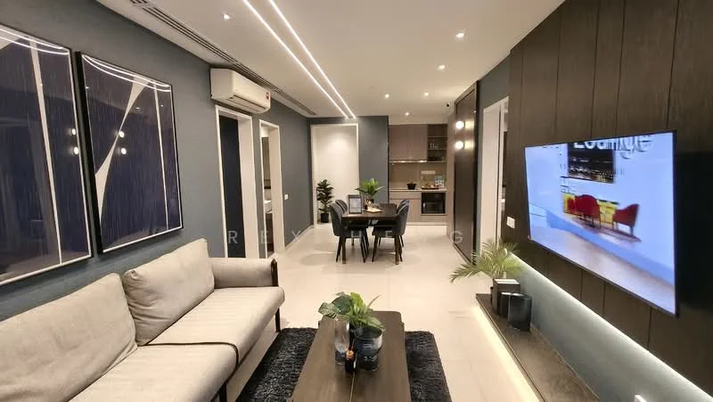 Living features: 3-seater fabric sofa in light grey, wood coffee table, area rug with geometric pattern, wall-mounted TV, recessed LED downlights, decorative wall art, potted plants, floor-to-ceiling windows, wall-mounted air conditioning unit; style: modern. Dining features: 4-seater dining table, black dining chairs, pendant lighting above table; style: modern. Kitchen features: open-plan kitchen layout, stainless-steel appliances, wood cabinetry, ceramic tile flooring, kitchen island with seating; style: modern.