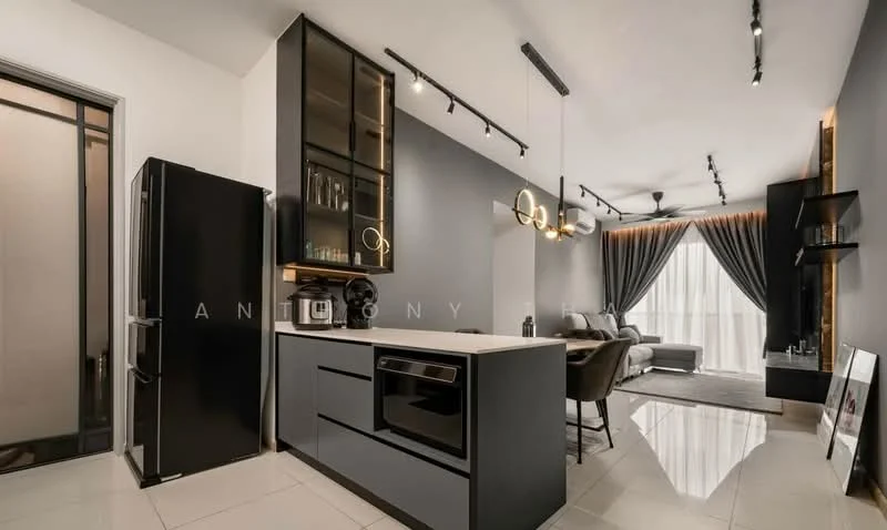 Kitchen features: black stainless-steel fridge, black cabinetry with glass-front upper cabinets, white quartz countertop, built-in oven, single-bowl stainless-steel sink, chrome pull-down faucet, pendant lighting, recessed LED downlights, open shelving, tile flooring, grey accent wall, kitchen island; style: modern. Living features: sofa in grey fabric, coffee table, TV console, wall-mounted TV, area rug, curtains, recessed lighting, decorative wall shelves; style: modern.