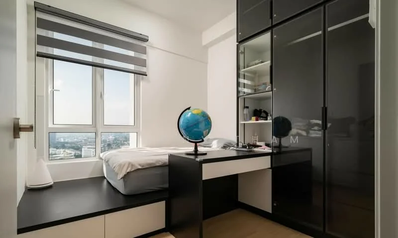 Bedroom features: queen-size bed with white bedding, black and white striped roller blinds, floor-to-ceiling windows, black glass wardrobe, white desk with black accents, globe on desk, light wood flooring, wall-mounted shelves, decorative items on shelves, neutral wall color; style: modern; view: city.