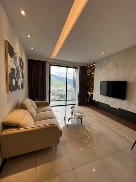 Living features: cream fabric sofa, glass coffee table, wall-mounted TV, built-in shelving unit, grey accent wall, white painted walls, recessed LED downlights, large floor-to-ceiling windows, curtains, marble tile flooring; style: modern; view: mountain.