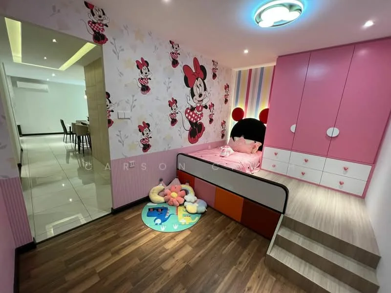 Bedroom features: pink accent wall with Minnie Mouse pattern, white walls, wooden flooring, built-in wardrobe with pink doors, bed with pink bedding, decorative wall with colorful stripes, ceiling light fixture, area rug with cartoon design, plush toys on the floor, sliding door entrance; style: modern.