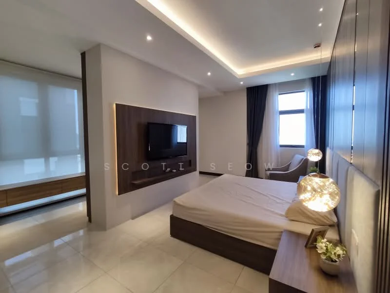 Bedroom features: king-size bed, wooden headboard, wall-mounted TV, floating bedside tables, decorative table lamps, recessed ceiling lights, tray ceiling, large window with sheer curtains, cream painted walls, tile flooring; style: modern.