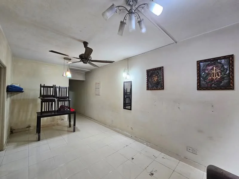 Living features: white painted walls, ceramic tile flooring, ceiling fan with light, 5-blade ceiling fan, recessed downlights, two decorative wall frames, wooden table, stacked wooden chairs, light fixtures, neutral ceiling, no visible windows.
