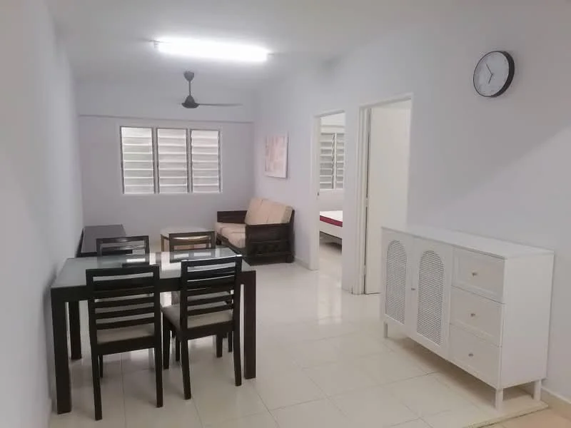 Living features: white painted walls, tile flooring, 5-blade ceiling fan, wall clock, sofa with beige upholstery, dining table with glass top, 4 dining chairs, sideboard with mesh doors, window with horizontal slats; style: modern. Room features: bed with red bedding, door leading to another room.