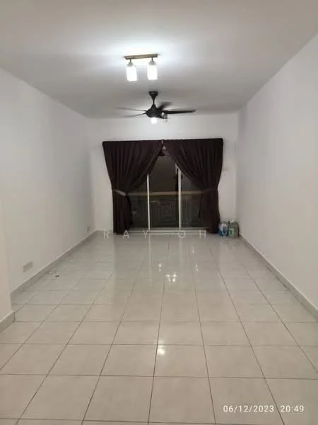 Living features: white painted walls, glossy white tile flooring, 5-blade ceiling fan with light, floor-to-ceiling sliding glass door, dark brown curtains, balcony view, recessed lighting, neutral decor; style: modern.