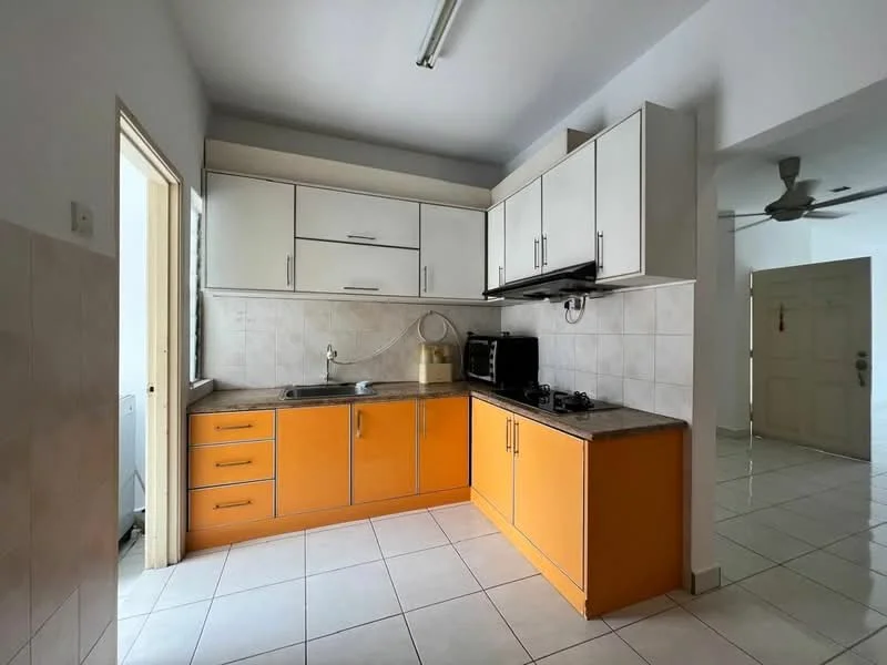 Kitchen features: orange cabinetry, white upper cabinets, granite countertop, single-bowl stainless-steel sink, chrome pull-down faucet, built-in gas stove, microwave, tile backsplash, white tiled flooring, window with natural light, ceiling light fixture, wall-mounted kitchen hood; style: modern.
