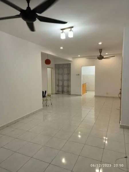 Living features: white painted walls, glossy ceramic tile flooring, recessed downlights, 2 ceiling fans, open layout, neutral color scheme, large space, no visible furniture; style: modern. Room features: white painted walls, glossy ceramic tile flooring, recessed downlights, open layout, neutral color scheme.