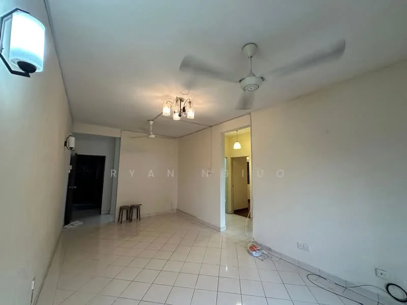 Living features: white painted walls, ceramic tile flooring, 5-blade ceiling fan, 2 pendant lights, wall-mounted light fixture, doorway leading to other rooms, small stool, neutral color scheme.