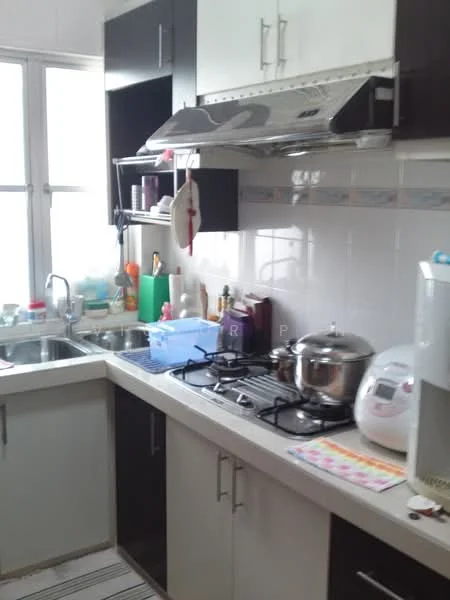 Kitchen features: L-shaped countertop, stainless-steel sink, chrome pull-down faucet, 4-burner gas hob, stainless-steel range hood, white tiled backsplash, dark wood cabinetry, open shelving, microwave, rice cooker, cooking pot, kitchen utensils, window with sheer curtains; style: modern.