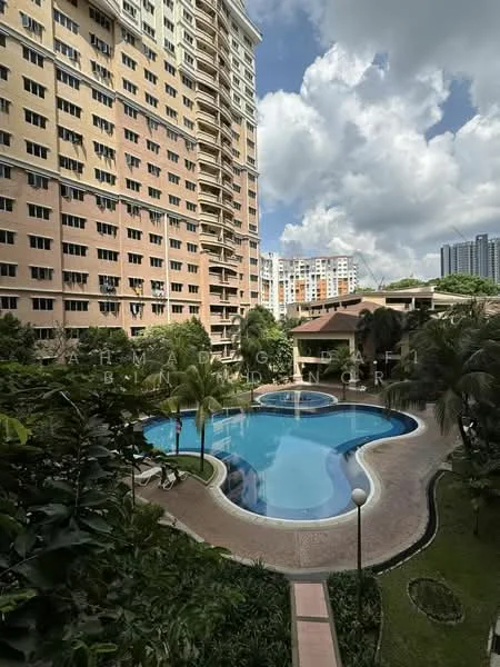 Exterior type: high-rise condominium; features: swimming pool with curved shape, pool deck with loungers, landscaped garden with palm trees, multiple storey building, balconies on upper floors, manicured lawn, surrounding residential buildings, clear blue sky, clouds, outdoor lighting fixtures; style: modern.