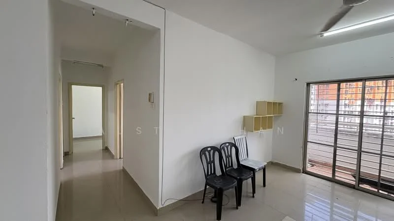 Room features: white painted walls, glossy tile flooring, ceiling fan, large window with metal grille, open shelving unit, two black plastic chairs, doorway leading to another room, doorway leading to hallway; style: modern.