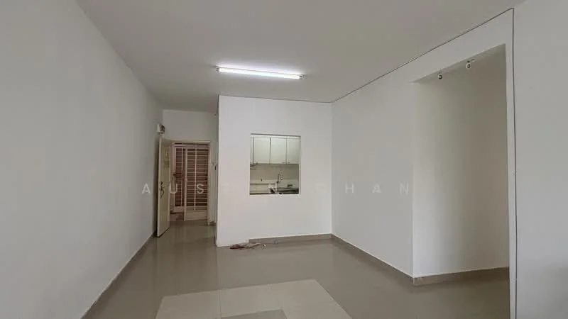 Living features: white painted walls, grey tiled flooring, fluorescent ceiling lights, open layout, window with grille, kitchenette visible, no furniture, neutral color scheme; style: modern.