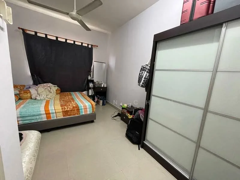 Bedroom features: queen-size bed with colorful bedding, sliding wardrobe with frosted glass panels, nightstand with lamp, mirror on dresser, ceiling fan, white painted walls, tile flooring, blackout curtains.