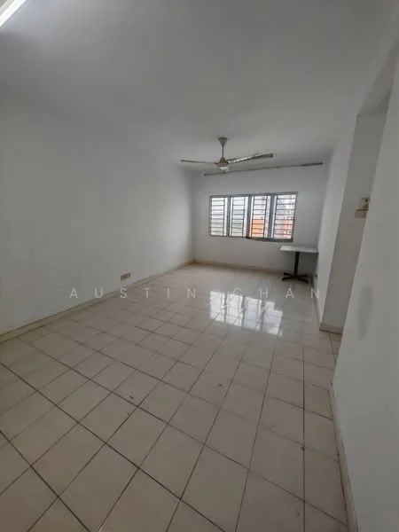 Living features: white painted walls, ceramic tile flooring, 5-blade ceiling fan, large windows with metal grilles, neutral color scheme, corner desk, no visible furniture, bright natural light; style: minimalist.