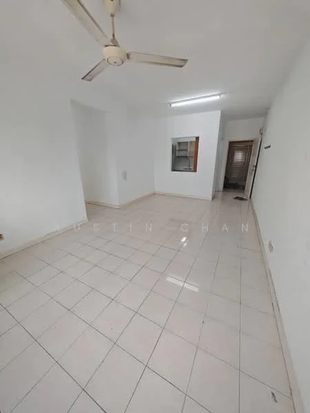 Room features: white painted walls, white tiled flooring, ceiling fan, window with no treatments, doorway leading to another room, neutral color scheme, no visible furniture, spacious layout; style: minimalist.