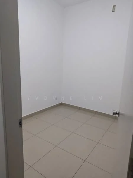 Room features: white painted walls, tile flooring, single door, corner light switch.