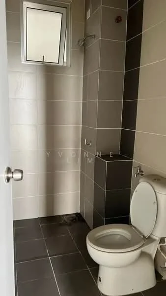 Bathroom features: white toilet, shower area with wall-mounted shower head, grey tiled walls, light grey tiled flooring, window for natural light, chrome faucet, toilet paper holder, soap dish, towel bar; style: modern.