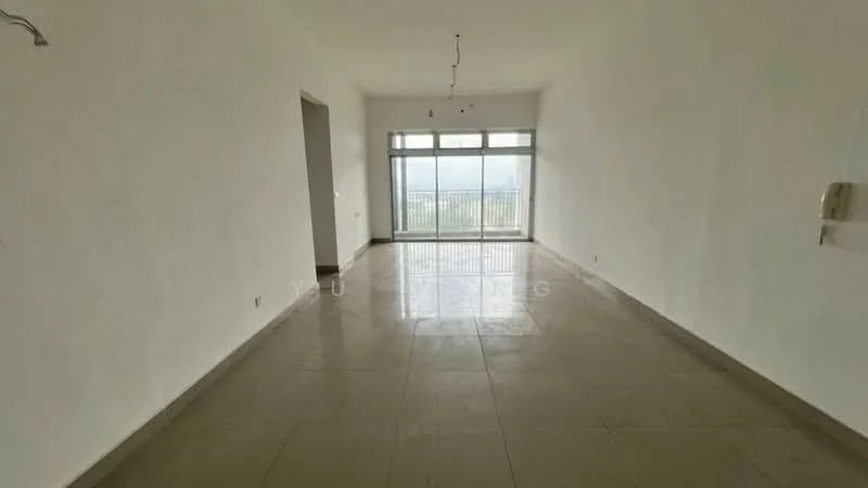 Living features: white painted walls, polished tile flooring, floor-to-ceiling windows, sliding glass door, recessed downlights, ceiling light fixture, open layout, balcony access; style: modern; view: city.