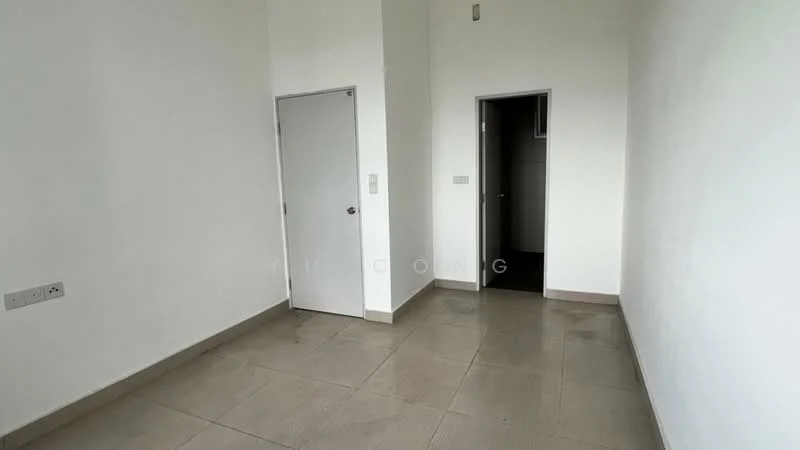 Room features: white painted walls, tile flooring, single door, double door, neutral color scheme, no visible furniture, high ceiling, natural light from doorways; style: minimalist.
