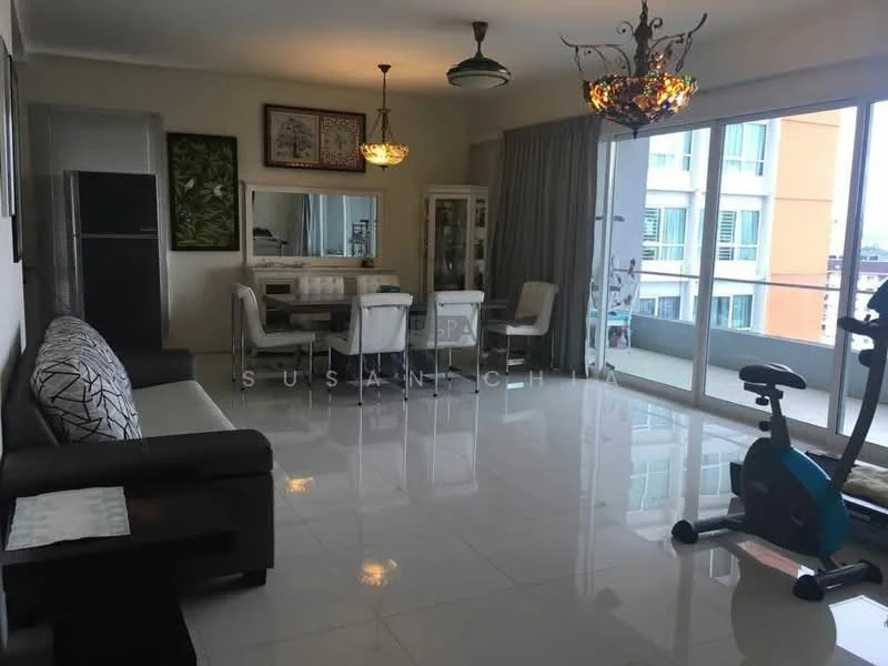 Living features: white painted walls, glossy tile flooring, 5-blade ceiling fan with light, chandelier, floor-to-ceiling windows, sliding glass door, grey fabric 3-seater sofa, black coffee table, decorative wall art, mirror with frame, curtains, exercise bike; style: modern; view: city.