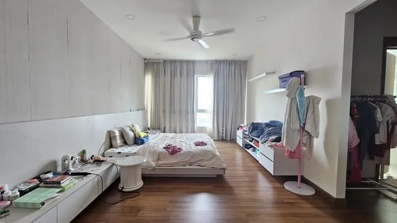 Bedroom features: wooden flooring, white painted walls, ceiling fan, floor-to-ceiling windows, sheer curtains, queen-size bed with white bedding, built-in wardrobe, white bedside table, decorative pillows, open shelving, clothes rack with hanging clothes; style: modern; view: city.