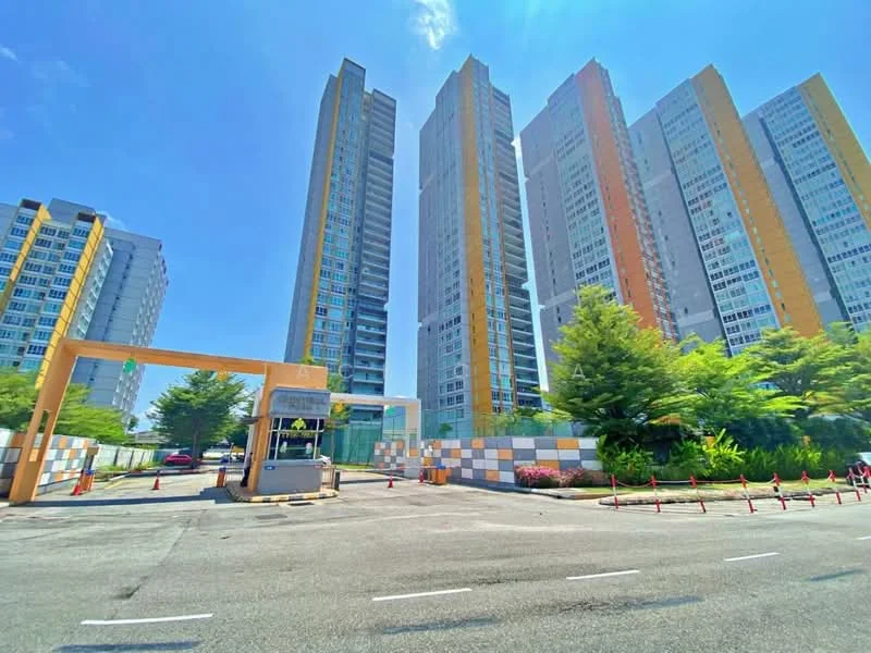 Exterior type: high-rise condominium; features: glass curtain wall, yellow and grey facade, multiple-storey buildings, guard house at entrance, manicured landscaping, surrounded by mature trees, paved driveway, security access with boom gate; style: modern.