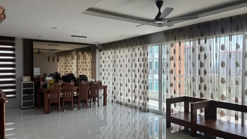 Living features: white painted walls, polished ceramic tile flooring, 5-blade ceiling fan with light, floor-to-ceiling windows, sheer curtains, dining table with 8 wooden chairs, wooden bench seating, recessed downlights; style: modern; view: city.