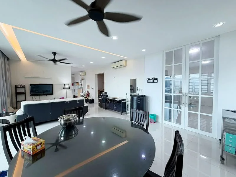 Living features: white painted walls, glossy tile flooring, 5-blade ceiling fan with light, wall-mounted TV, sofa in dark color, coffee table, recessed lighting, large windows with city view, decorative wall unit; style: modern; view: city. Dining features: round dining table, black dining chairs, decorative centerpiece, open layout to living area; style: modern.