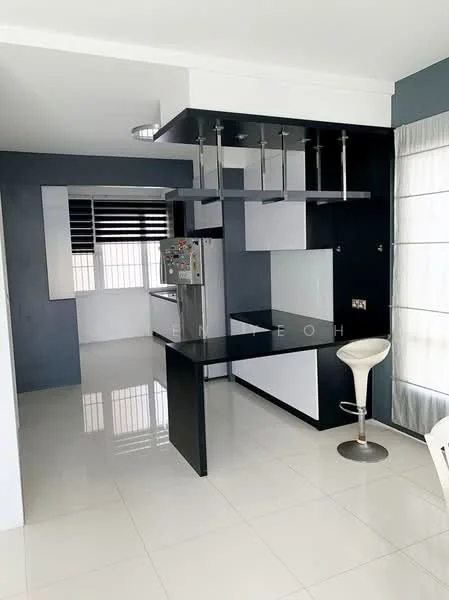 Kitchen features: white cabinetry, black countertop, stainless-steel appliances, built-in oven, freestanding range oven, stainless-steel fridge, bar counter with stools, tile flooring, window with blinds, recessed ceiling lights, open layout; style: modern.