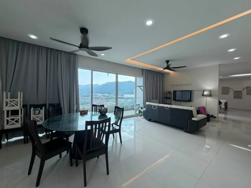 Living features: floor-to-ceiling windows with mountain view, 2 ceiling fans, recessed LED downlights, white walls, grey curtains, white tiled flooring, black leather sofa, glass coffee table, 6-seater dining table with black chairs, wall-mounted TV, decorative wall panel, area rug; style: modern; view: mountain.