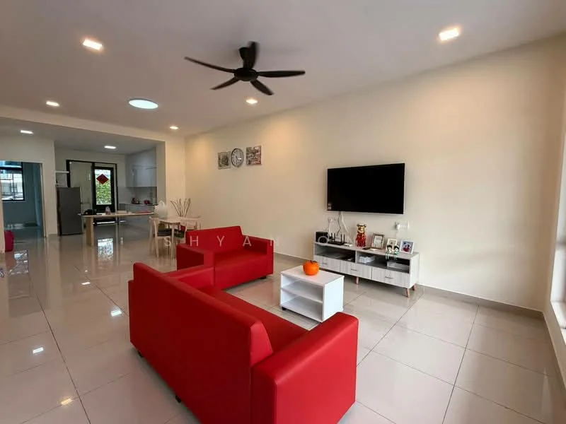 Living features: red 3-seater fabric sofa, white coffee table, wall-mounted TV, TV console, recessed LED downlights, ceiling fan, glossy tile flooring, neutral painted walls, decorative wall art, orange decorative item on table; style: modern. Room features: open layout to kitchen, dining area visible in background.