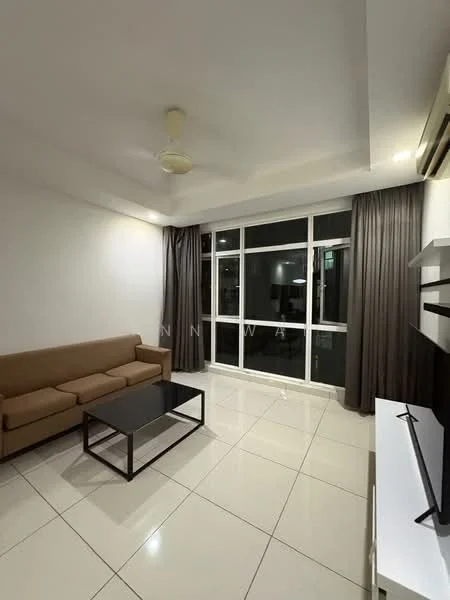 Living features: 3-seater fabric sofa in beige, black coffee table, floor-to-ceiling windows, sheer curtains, blackout curtains, white painted walls, recessed downlights, wall-mounted TV console, air conditioning unit, glossy tile flooring, ceiling fan; style: modern.
