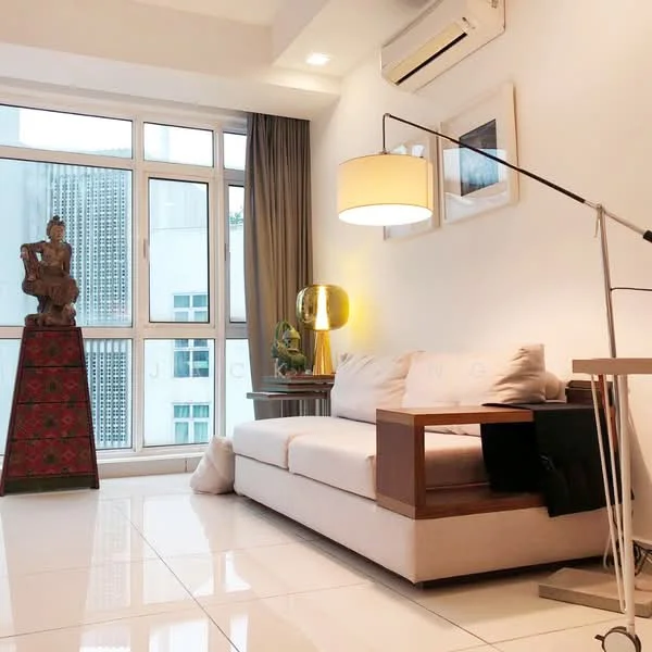 Living features: white painted walls, glossy white tile flooring, 5-blade ceiling fan with light, floor-to-ceiling windows, sheer curtains, sofa with wooden armrests, decorative floor lamp, decorative statue, green decorative plant, wooden side table, artwork on wall; style: modern.