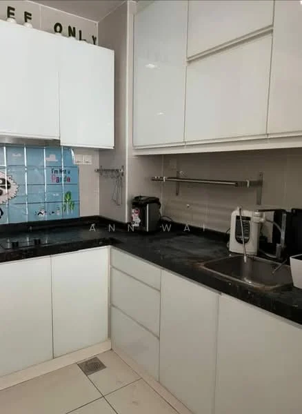 Kitchen features: white glossy cabinetry, black granite countertop, single-bowl stainless-steel sink, chrome pull-down faucet, built-in microwave, electric kettle, toaster, ceramic tile backsplash with blue design, under-cabinet lighting, floor tiles, open shelving; style: modern.