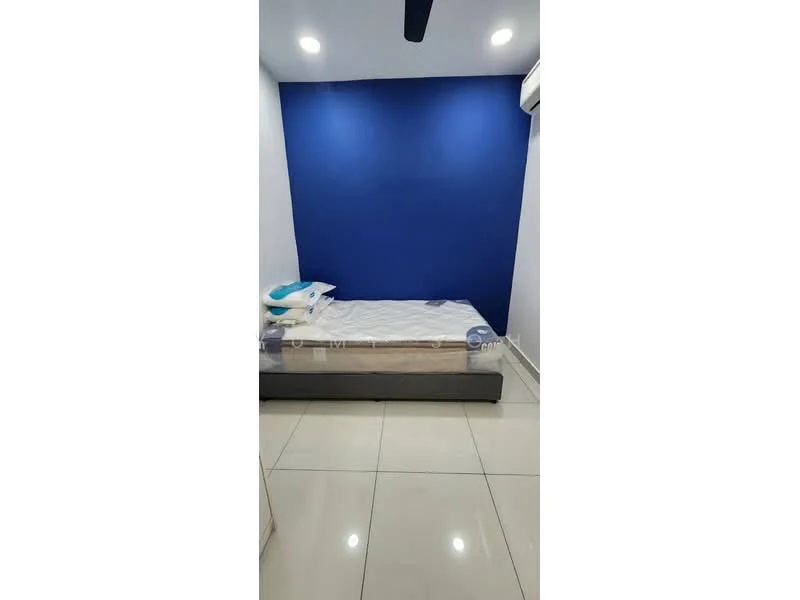Bedroom features: queen-size bed, blue accent wall, white painted walls, glossy tile flooring, ceiling fan, air conditioning unit, bedside pillows, bed frame; style: modern.