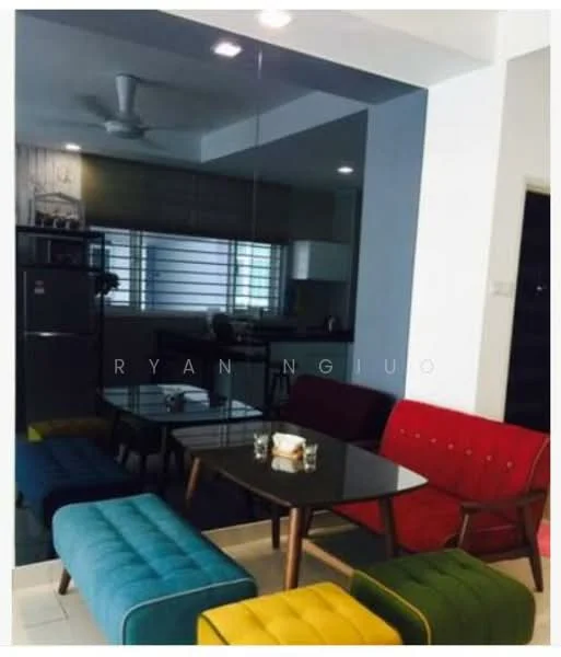 Living features: 5-blade ceiling fan, glass coffee table, 2-seater red sofa, 2-seater green sofa, 2-seater blue sofa, wall-mounted mirror, tile flooring, white painted walls, window with horizontal blinds; style: modern.