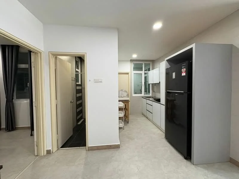 Kitchen features: white cabinetry, black refrigerator, stainless-steel sink, single-bowl stainless-steel sink, countertop with storage, built-in oven, ceramic tile flooring, recessed downlights, window with natural light, open layout, neutral wall color, kitchen island, modern faucet; style: modern. Laundry features: door leading to laundry area, black and white striped wall, ceramic tile flooring.