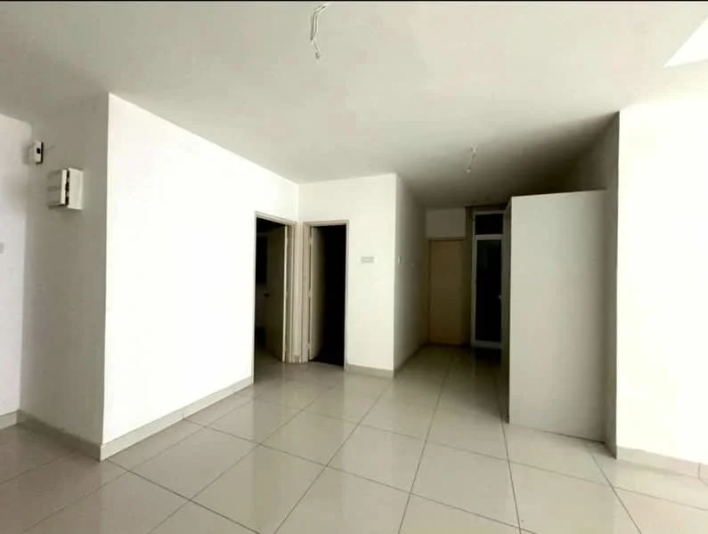 Room features: white painted walls, tile flooring, recessed ceiling lights, two doorways leading to other rooms, neutral color scheme, open layout, no visible furniture, large windows, minimalist design; style: modern.